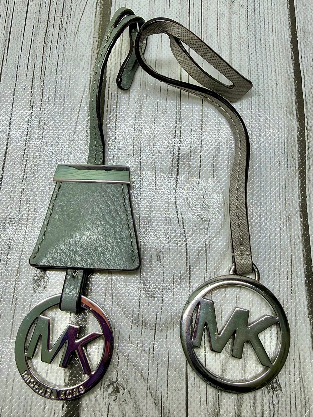 PRE LOVED Michael Kors MK Hang Tag Gray Leather Strap Silver Charm 2 Total